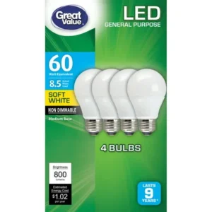Great Value LED Light Bulbs, 8.5W (60W Equivalent), Soft White, 4-count