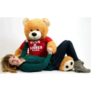 Big Plush Giant Valentine Teddy Bear Five Feet Tall Honey Brown Color Wears Tshirt that says HUGS AND KISSES XOXO