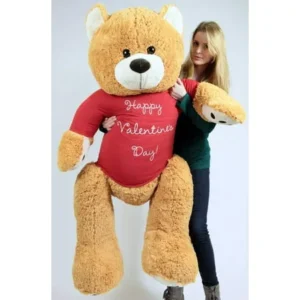 Big Plush Giant Valentine Teddy Bear Five Feet Tall Honey Brown Color Wears Tshirt that says HAPPY VALENTINES DAY