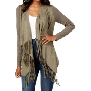 INC Womens Faux Suede Fringe Cardigan Sweater