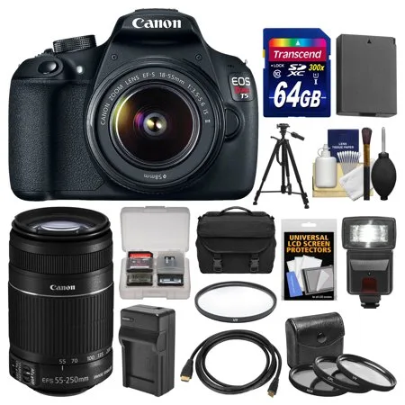 Canon EOS Rebel T5 Digital SLR Camera Body & EF-S 18-55mm IS II with 75-300mm III Lens + 32GB Card + Case + Flash + Battery + Tripod + Kit