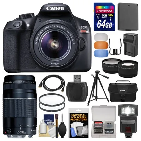 Canon EOS Rebel T6 Wi-Fi Digital SLR Camera & EF-S 18-55mm IS II with 75-300mm III Lens + 64GB Card + Case + Flash + Battery & Charger + Tripod + Kit