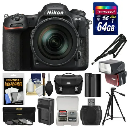Nikon D500 Wi-Fi 4K Digital SLR Camera & 16-80mm VR Lens with 64GB Card + Case + Flash + Battery & Charger + Tripod + 3 Filters + Kit