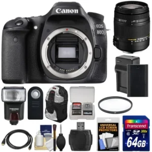 Canon EOS 80D Wi-Fi Digital SLR Camera Body with Sigma 18-250mm OS Lens + 64GB Card + Battery & Charger + Backpack + Flash + Kit