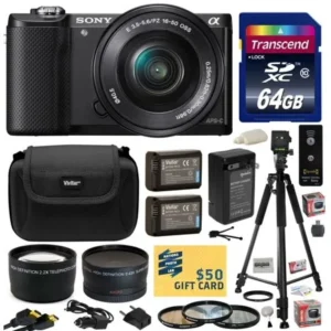 Sony Alpha A5000 20.1 MP Interchangeable Mirrorless Lens Camera with 16-50mm OSS Lens ILCE5000L with 64GB Memory Card + x2 NP-FW50 Battery + Charger + Tripod + 2.2x + .43x + Bonus $50 Gift Card