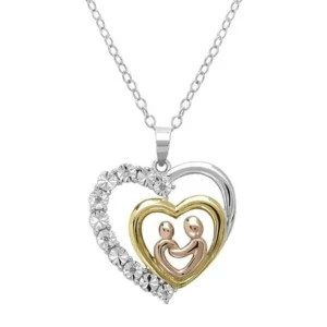 Amanda Rose Tri Colored Sterling Silver Mother and Child Diamond Heart Necklace