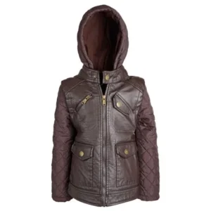 Urban Republic Little Boys PU Leather Biker Moto Jacket Quilted Sleeves and Hood