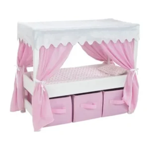 18 Inch Doll Furniture | Lovely Pink and White Canopy Bed with 3 Storage Bins for Doll Clothes, Includes Pink Polka Dot Bedding | Fits American Girl Dolls