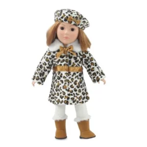 18 Inch Doll Clothes | Chic 5-Piece Faux Leopard Coat Jacket Outfit, Including Matching Beret Style Hat, Long-Sleeved Mock Turtleneck, Leggings and Faux Suede Faux Fur Boots | Fits American Girl Dolls