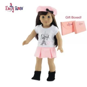 18 Inch Doll Clothes | Lovely Pleated Skirt Outfit, Including Matching Beret Style Hat with Bow, T-Shirt with Eiffel Tower Paris Graphic and Black Faux Suede Ankle Boots | Fits American Girl Dolls