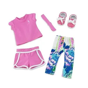 18 Inch Doll Clothes | Amazing Mix and Match Running Exercise Outfit, Includes Pink Shorts, Matching T-Shirt, Multi-color Leggings and Cool Pink Sneakers | Fits American Girl Dolls