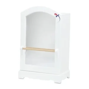 18 Inch Doll Furniture | Doll Clothes & Dresses Armoire Storage Closet with Mirror and Ballet Barre, Includes 5 Notched Hangers | Fits American Girl Dolls