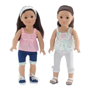 18 Inch Doll Clothes | Vintage Mix and Match Outfits, Includes 2 Tank Style Shirts, Cool Jean Shorts with Matching Floral Cuff, Creamy White Leggings and Matching Headband | Fits American Girl Dolls