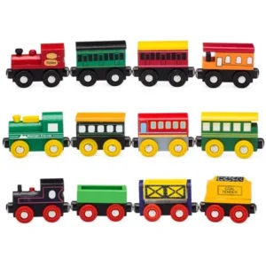 Playbees 12 Piece Wooden Toy Train Cars & Engine Set Compatible w/ Other Tracks