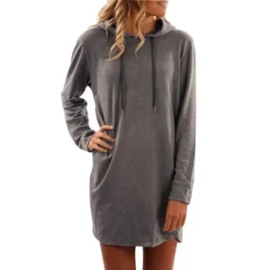 WLLW Women Long Sleeve Solid Color Pullover Hoodie Sweatshirt Mini Dress