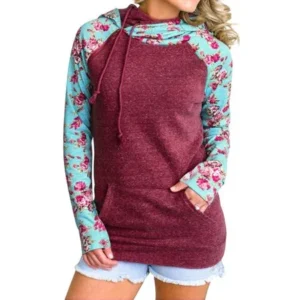 WLLW Women Floral Print Long Sleeve Pocket Pullover Hoodie Sweatshirt