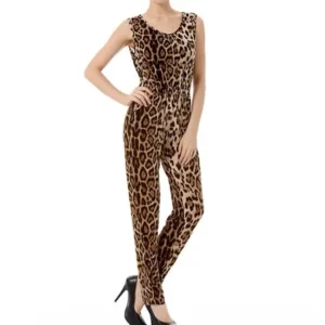 Unique Bargains Women's Sleeveless Leopard Prints Casual Jumpsuits Pants