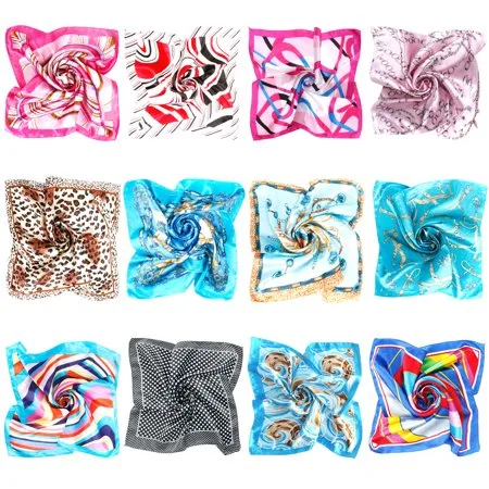 BMC 12pc Women's Silky Scarf Square Mixed Pattern & Colors Fashion Accessory Set - Trendy Swirls Pack