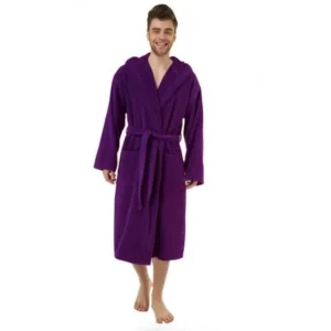 Lightweight Hooded Terry Bathrobe, 52" Length. (Purple) Made in Turkey