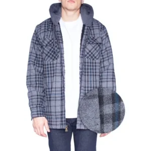 Mens Flannel Jackets For Mens Big And Tall Zip Up Hoodie Sherpa Fleece Shirt Jacket GRY BLK 2XL