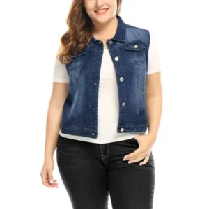Unique Bargains Women's Plus Size Bust Pockets Slim Fit Denim Vest Blue (Size 2X)