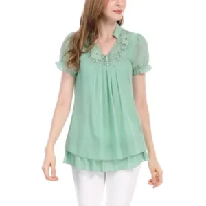 Women Short Sleeves Flounce V Neckline Pleated Tunic Tops