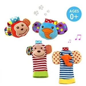 SKK Baby 4 Animal Wrist Rattle and Foot Finder Socks Set Development Toys Gift For Infant Boy Girl
