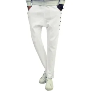 Men's Drop Crotch Stripes Elastic Waist Buttons Decor Sides Sweatpants