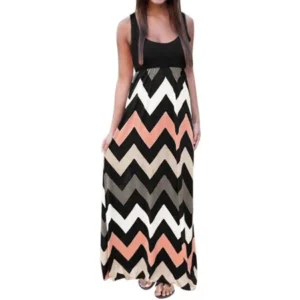 Women's Sleeveless Scoop Neck Empire Waist Chevron Maxi Dress Pale