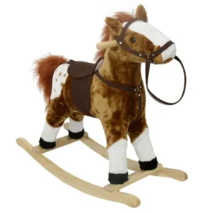 Kinbor Baby Kids Toy Plush Wooden Rocking Horse Boy Riding Rocker with Sound Dark Brown