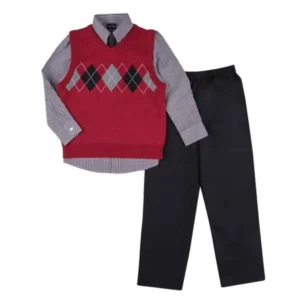 George Boys 4 Piece Red Argyle Holiday Dress Up Outfit Suit Tie & Vest