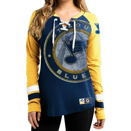 "St. Louis Blues Women's NHL Majestic ""Hip Check"" Lace Up V-Neck Shirt"