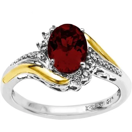 Duet Sterling Silver with 10kt Yellow Gold Oval Garnet and Diamond Accent Ring