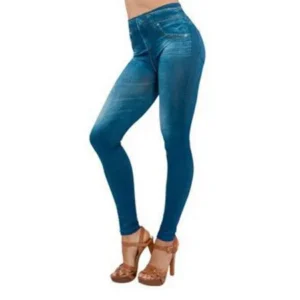 Hot Sale Pockets Denim Leggings Fitness Elastic Slim High Waist Women Seamless Leggings, Blue