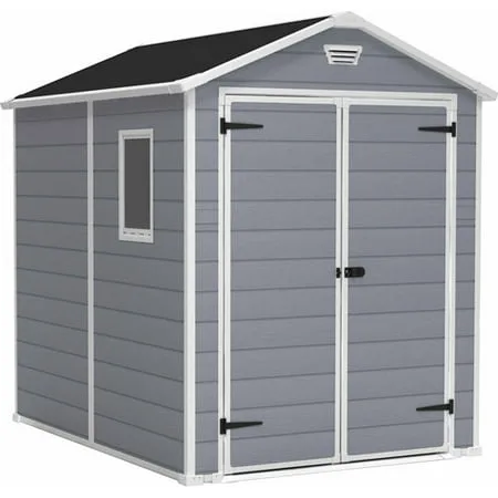 Keter Manor 6' x 8' Resin Storage Shed; All Weather Plastic Outdoor Storage, Gray/White