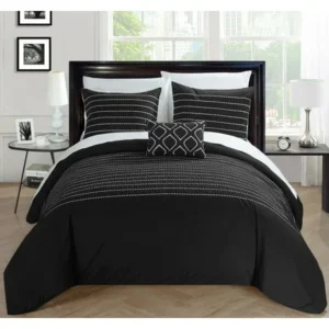 Chic Home 8-Piece Kingston Super Soft Microfiber Stitch Embroidered Queen Bed In a Bag Duvet Set Black With White Sheets included