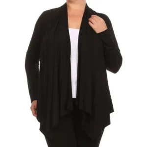 BNY Corner Women Plus Size Long Sleeve Drape Open Cardigan Casual Cover Up Black 1X V7024 SD