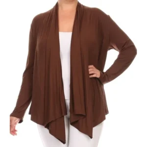 BNY Corner Women Plus Size Long Sleeve Drape Open Cardigan Casual Cover Up Brown 1X V7024 SD