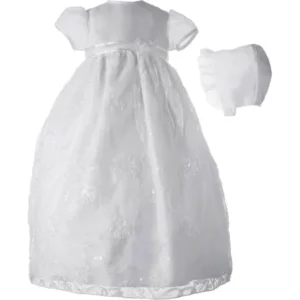 Christening Baptism Newborn Baby Girl Special Occasion Organza Ribbon & Sequin Embroidered Dress Gown Outfit