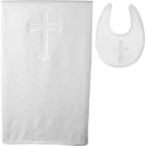2 Piece Christening Baptism Infant Special Baby Neutral Christening Blanket And Bib Set With Matching Embroidered Crosses.