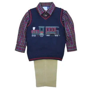 Good Lad Toddler boys 3 pc sweater set. Navy sweater vest with big train applique, khaki corduroy pants, plaid woven shirt
