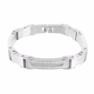 Stainless Steel Mens Bracelet Simulated Diamond White Gold Finish Designer Sale