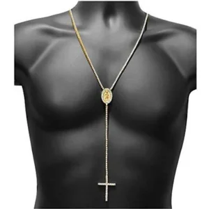 Rosary Cross Jesus Necklace Lab Created Cubic Zirconia With 14k Gold Finish For Men Sale