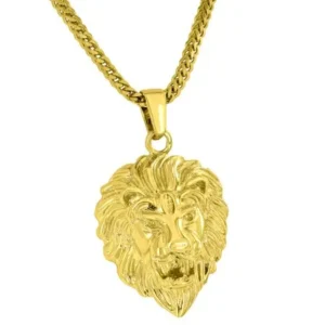 Designer Lion Head Pendant 18K Gold Tone Free Stainless Steel Franco Necklace On Sale Brand New