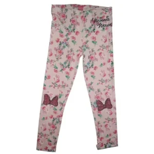 Disney Minnie Mouse Floral Leggings with Glitter Bow Applique Girls Tweens Legging (Large)