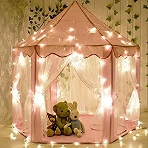CuteKing Princess Castle Kids Play Tent Children Large Playhouse with LED Small Star Lights, Pink