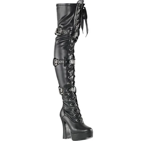 Womens Matte Black Thigh High Lace Up Boots with Buckles and 5'' Stacked Heel