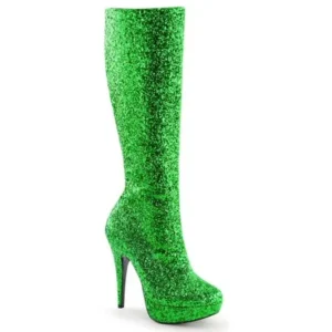 Womens Green Glitter Knee High Platform Boots with 5 Inch Glitter Covered Heels