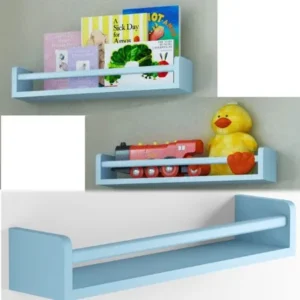Set of 3 Children's Wall Shelf Wood 17.5 Inch Multi-use Bookcase Toy Game Storage Display Organizer (Light blue) â€¦