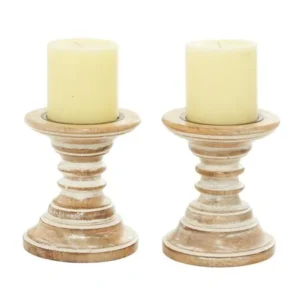 DecMode 6"H, 5"W Mango Wood Traditional Candle Holder, Brown, 2 - Pieces